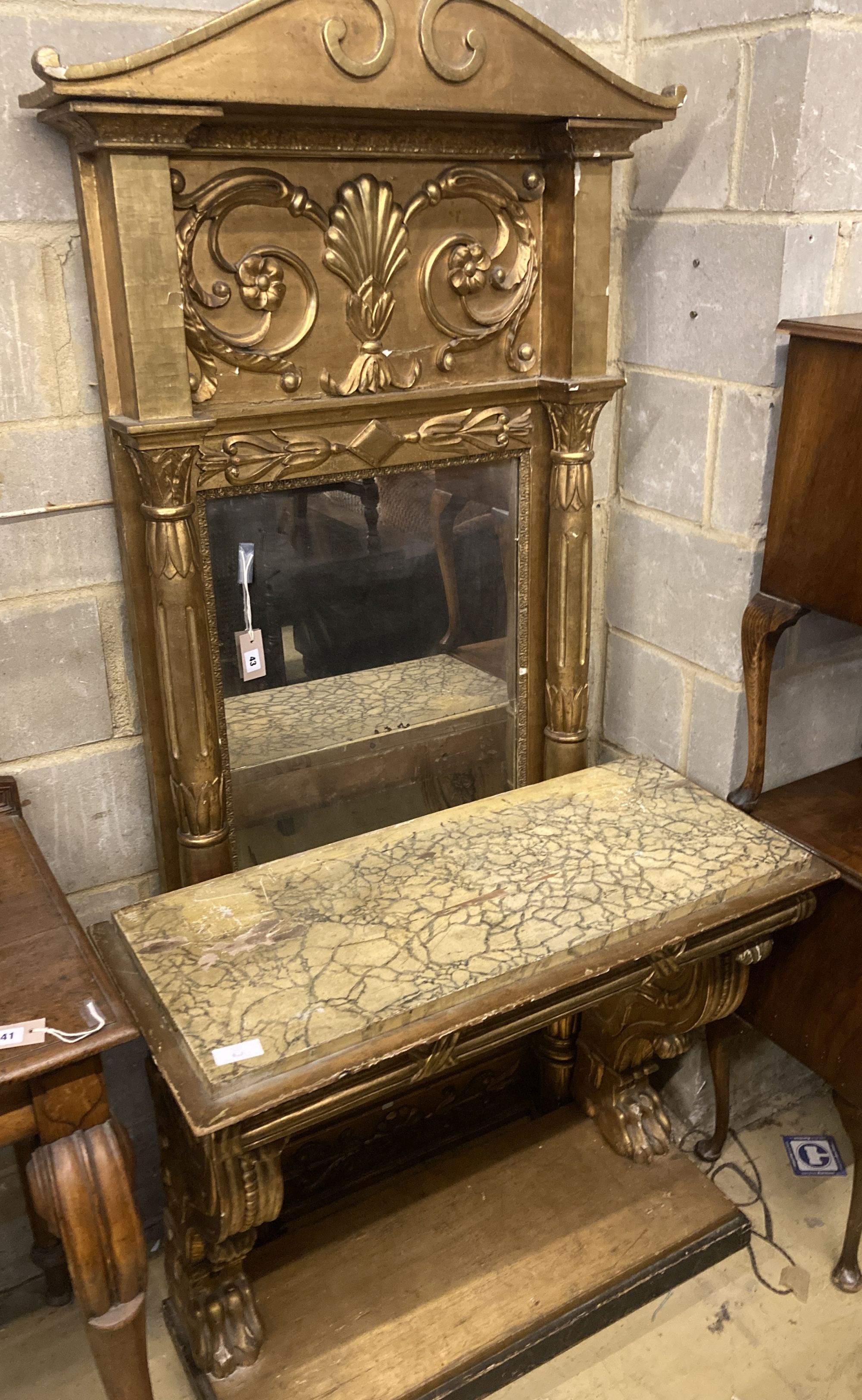 A Regency giltwood and gesso pier table and mirror, with painted faux marble top, width 95cm depth 40cm height 262cm